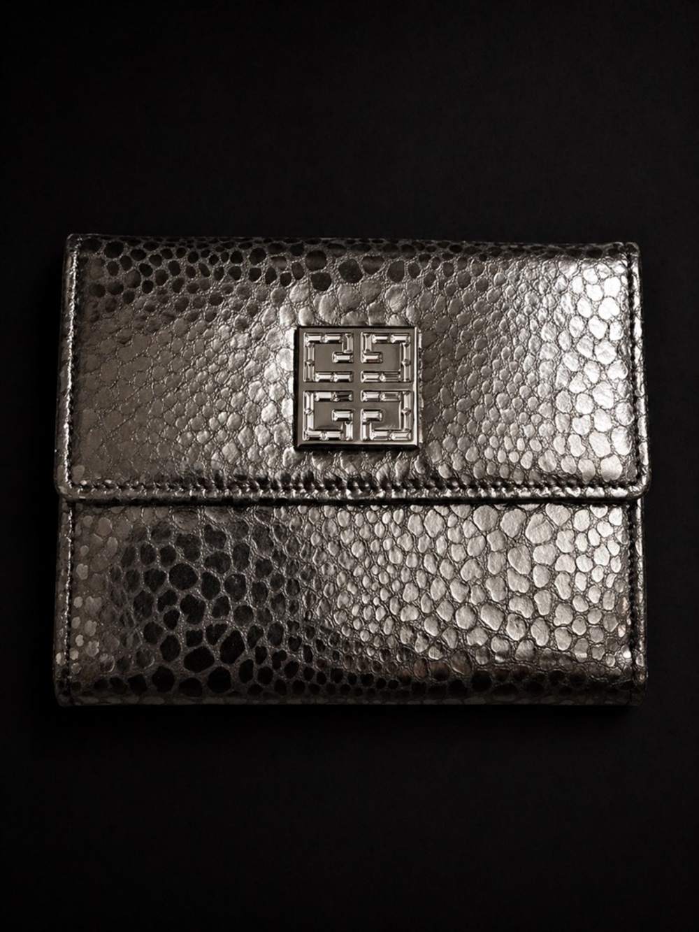 Givenchy 4G trifold snake embossed and crystal metallic silver wallet